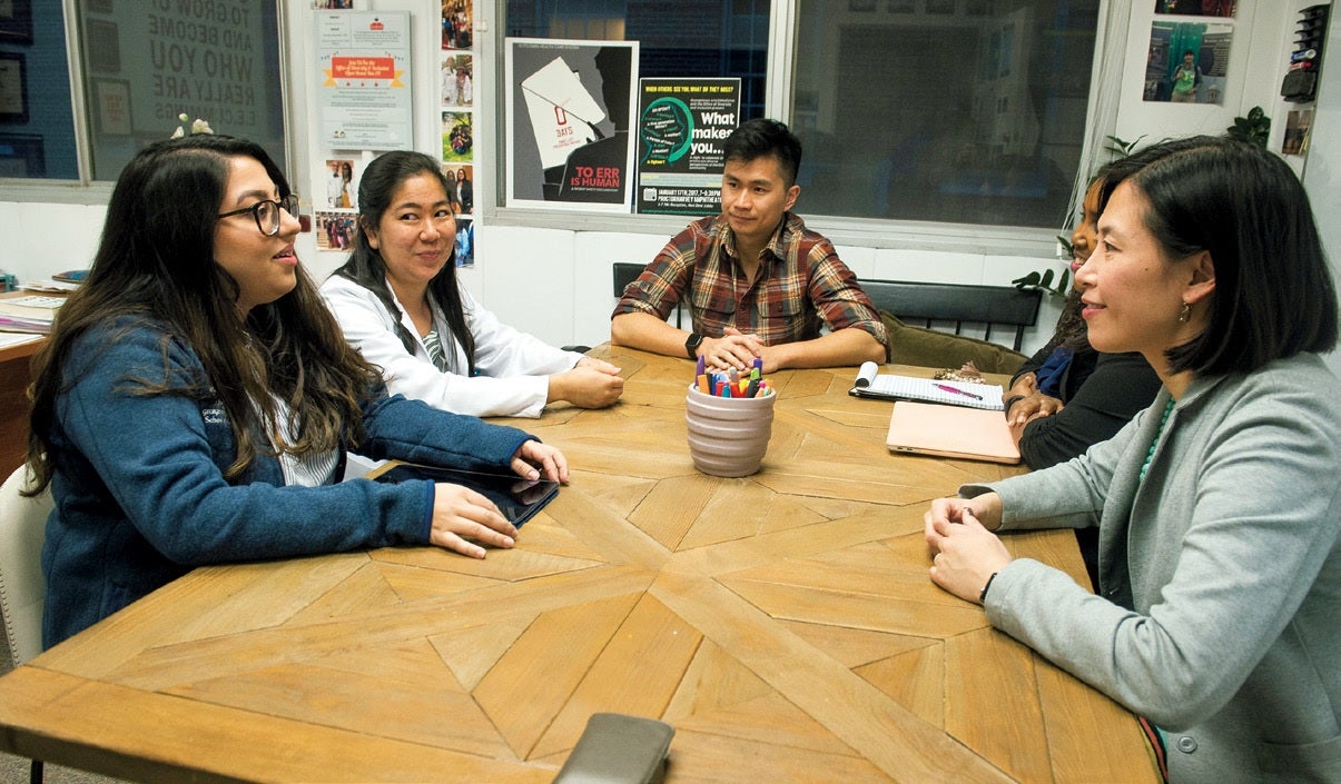 Zuby Syed (M’22), Callie Takahashi (M’20), Heng Nhoung (M’22), Kimberly Walker, director of diversity and inclusion, and Susan M. Cheng